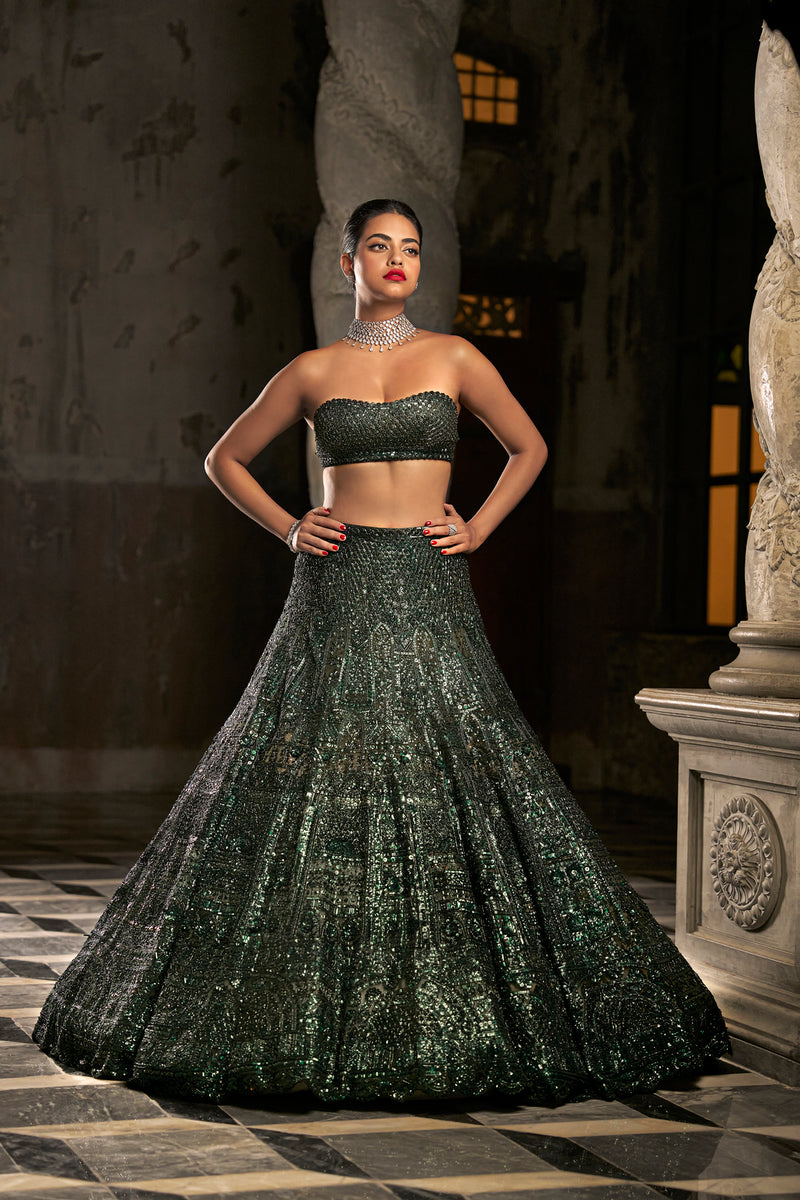 Emerald Green Sequin Lehenga Set by Seema Gujral - Lotus Bloom Canada