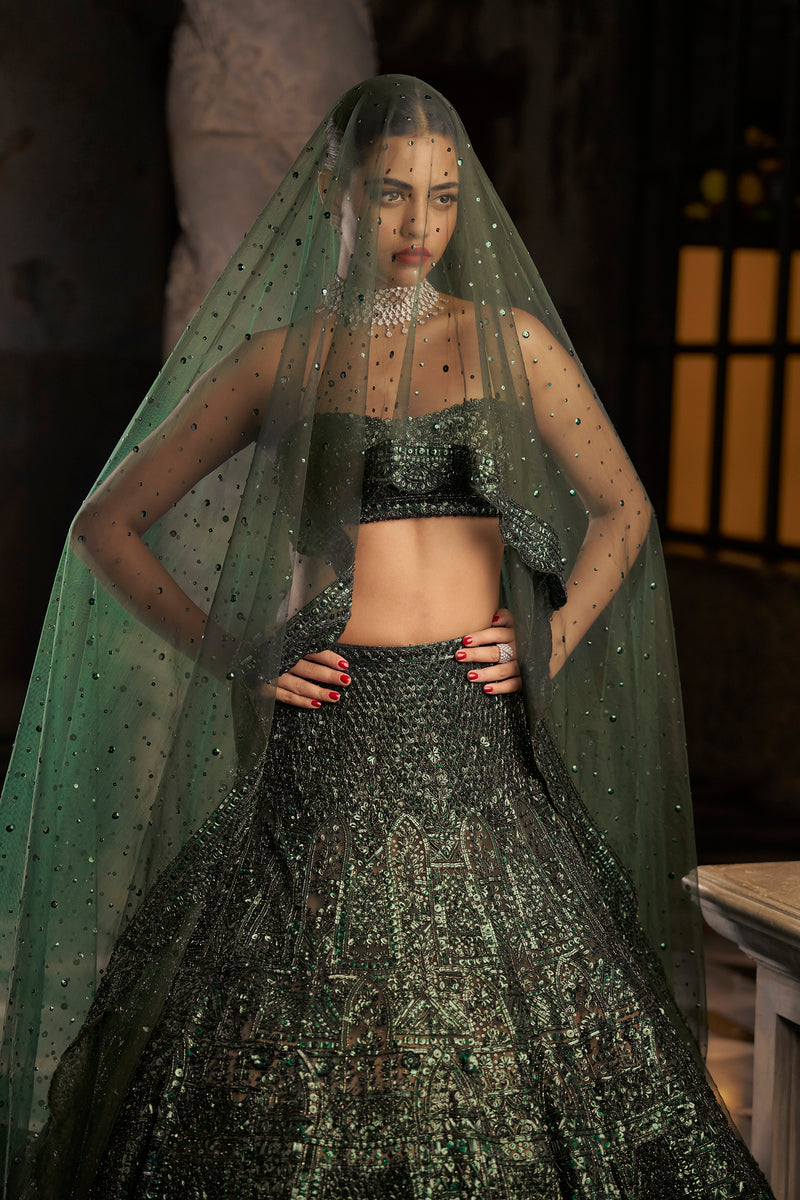 Emerald Green Sequin Lehenga Set by Seema Gujral - Lotus Bloom Canada