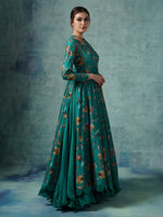 A Green Cotton Silk Anarkali Gown With Attached Cotton Slip And Organza Dupatta
