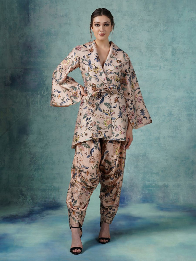 A Cotton Printed Silk Jacket With Dhoti Pants