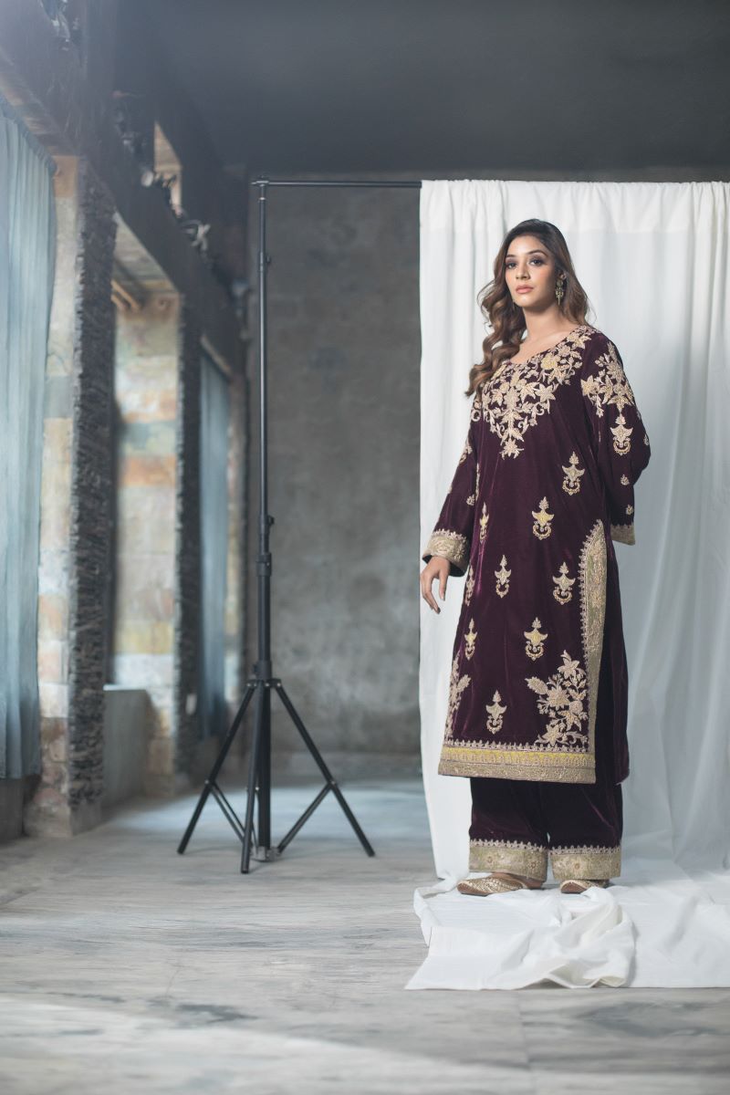 Velvet Suit Set Adorned With Zari And Appliqué Work And Paired With Organza Dupatta