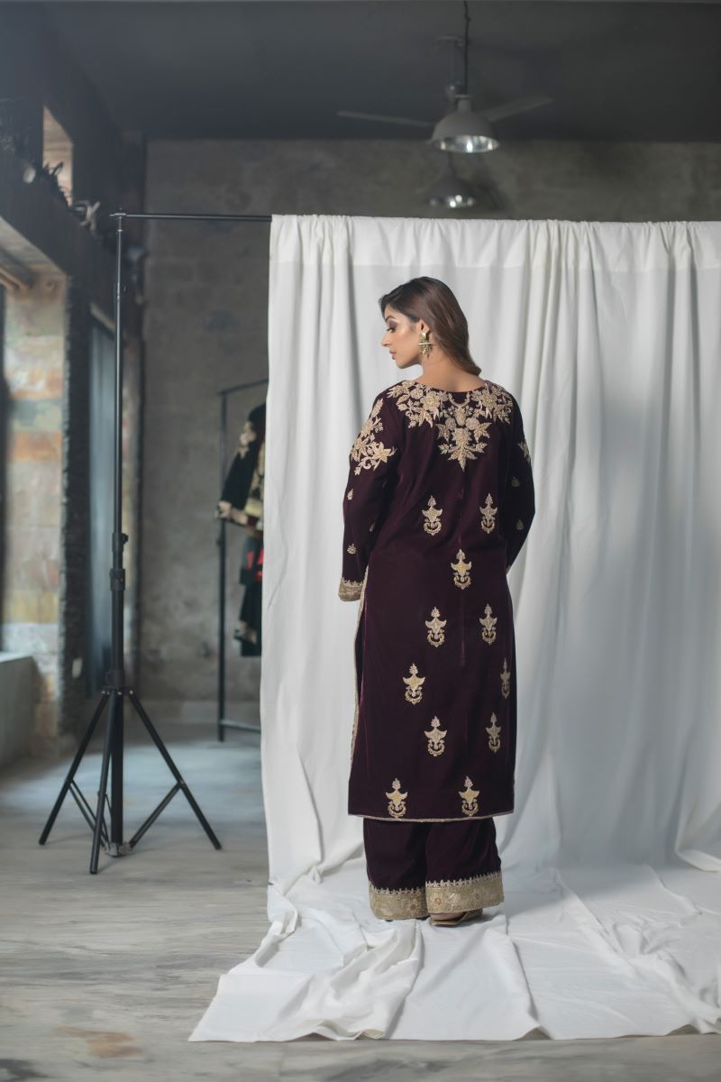 Velvet Suit Set Adorned With Zari And Appliqué Work And Paired With Organza Dupatta