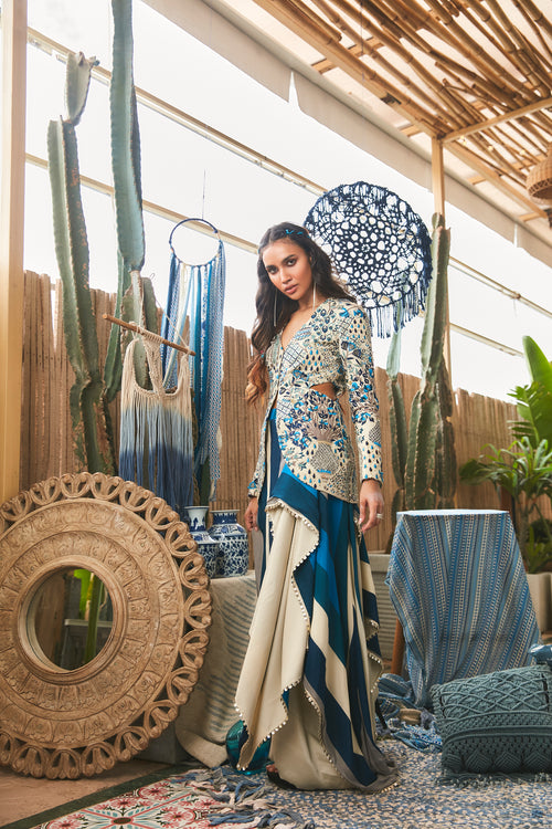 BLUE SAFAR JAAL JACKET WITH DRAPE SKIRT