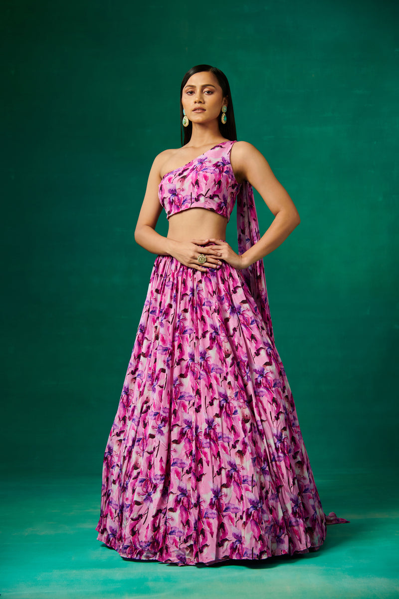 Mauve floral print lehenga set with dupatta attached on shoulder