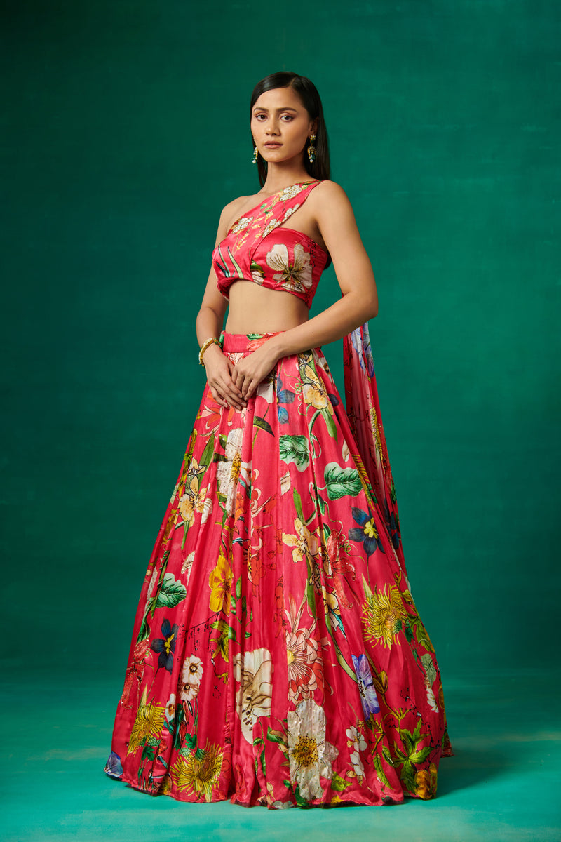 Pink lehenga set with dupatta attached on shoulder