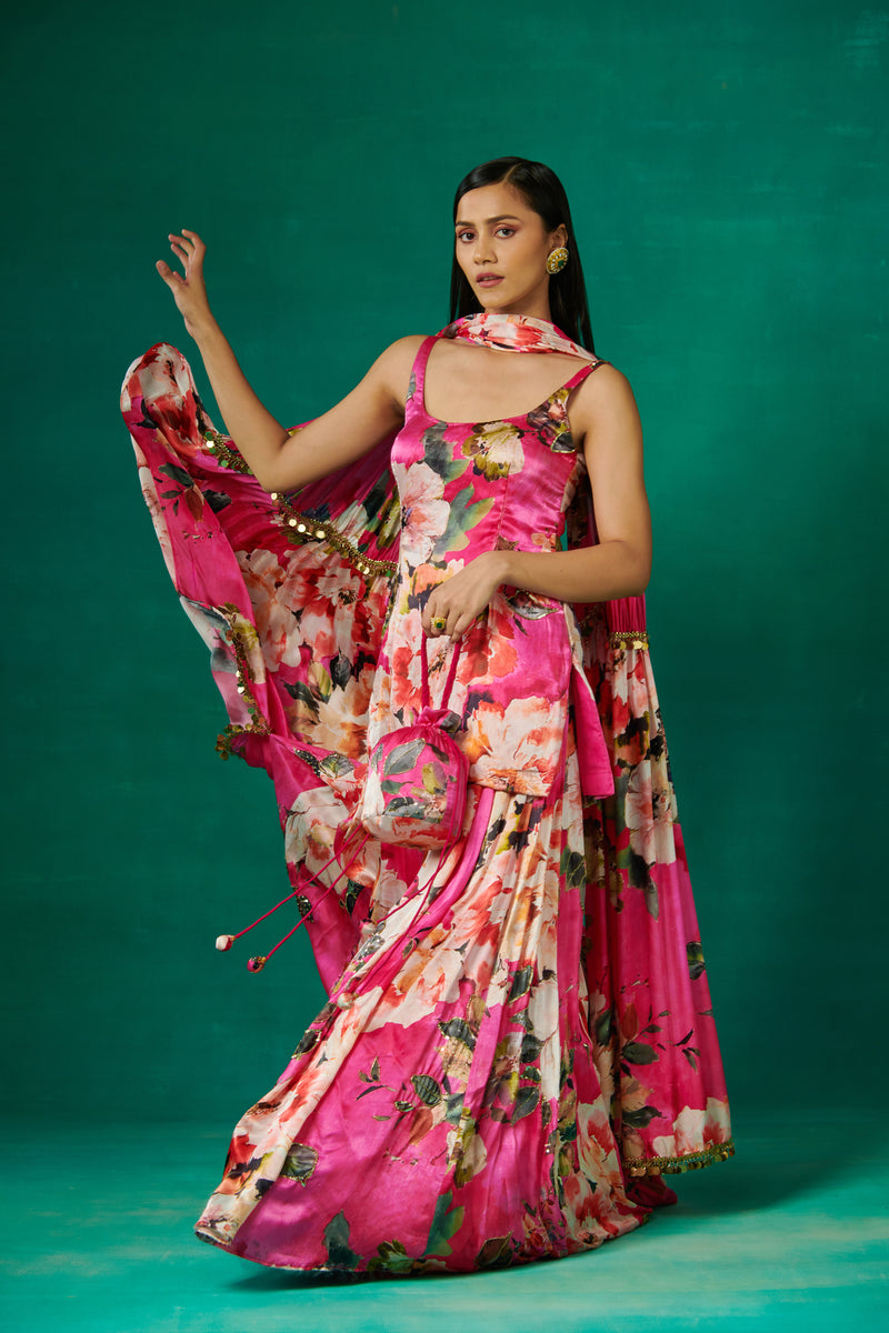 Pink floral print kurta with flared sharara and dupatta