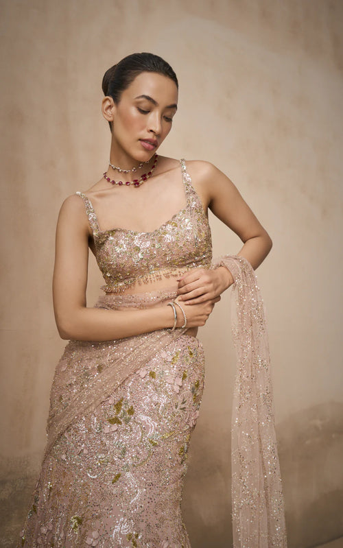 Rose Pink Georgette Sparkle Drape Lehenga Set