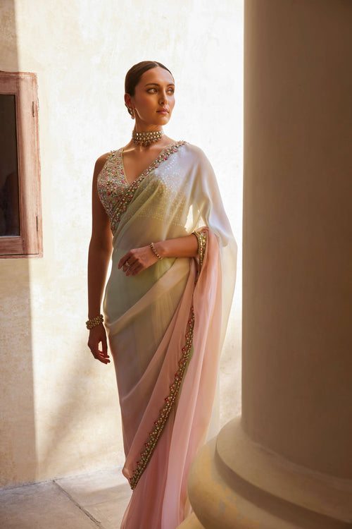 GREEN AND PINK OMBRE ORGANZA SAREE