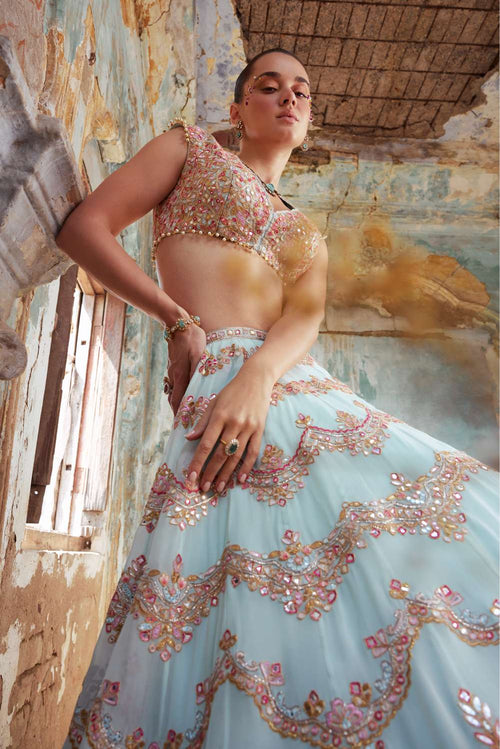 BLUE GEORGETTE SCALLOP EMBROIDERED LEHENGA SET