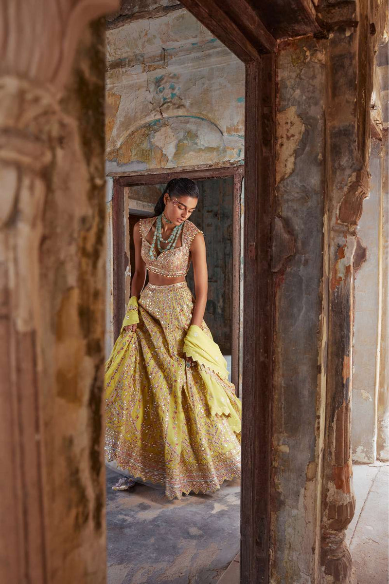 BRIGHT YELLOW GEORGETTE LEHENGA SET