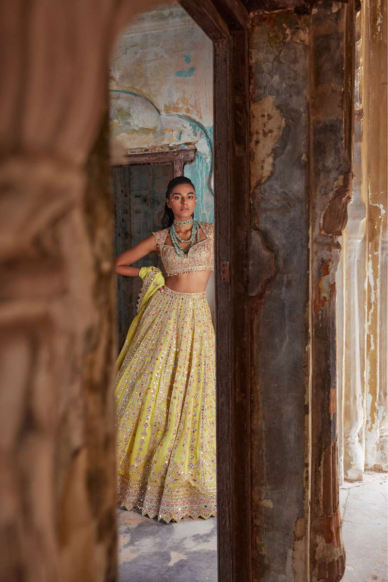 BRIGHT YELLOW GEORGETTE LEHENGA SET