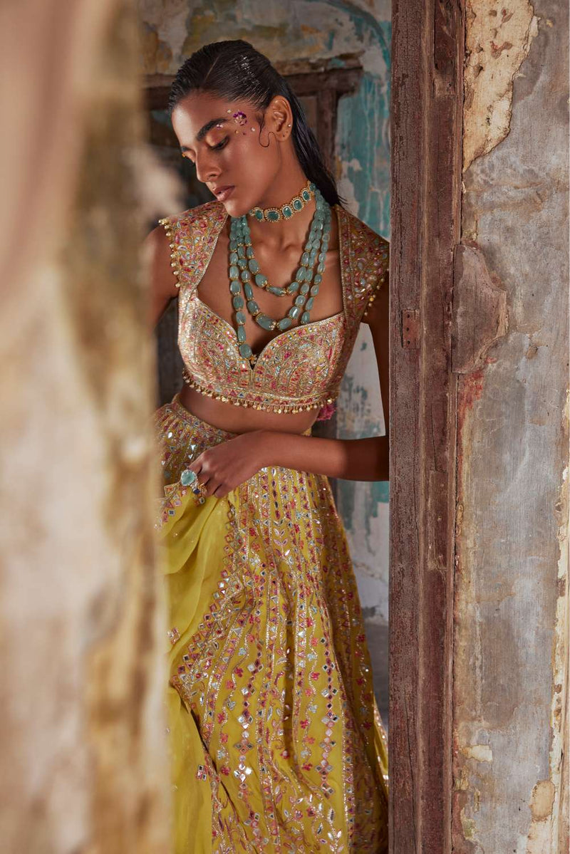 BRIGHT YELLOW GEORGETTE LEHENGA SET