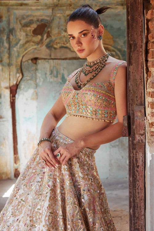 IVORY NET FOIL RESHAM EMBROIDERED LEHENGA SET