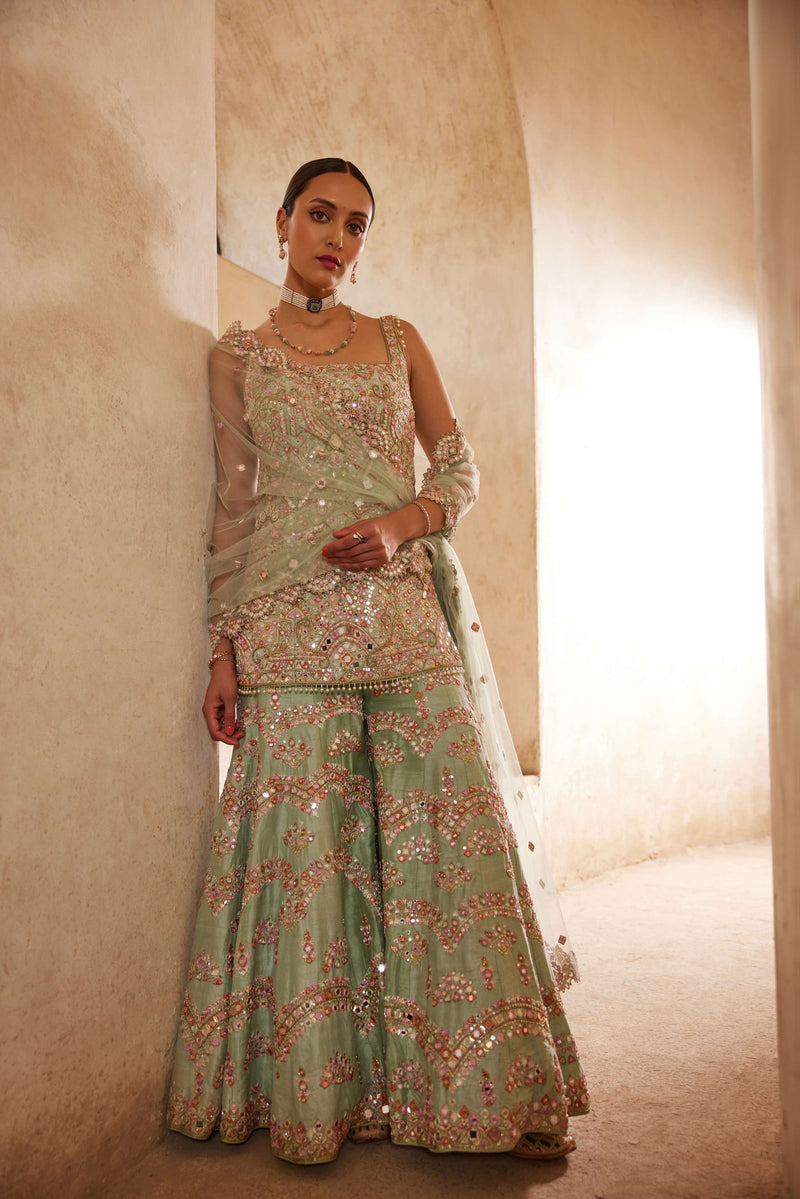 SEA GREEN SLEEVELESS SHARARA SET