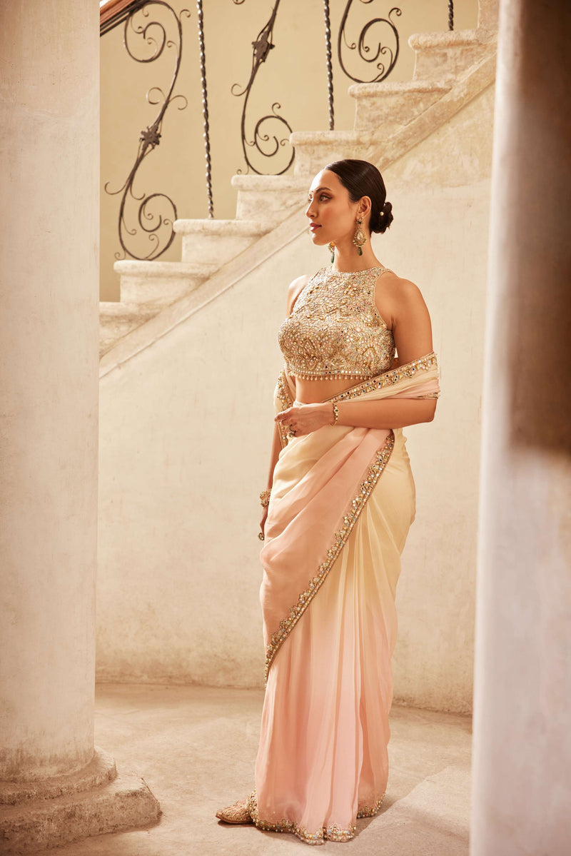 PINK IVORY OMBRE ORGANZA SAREE SET