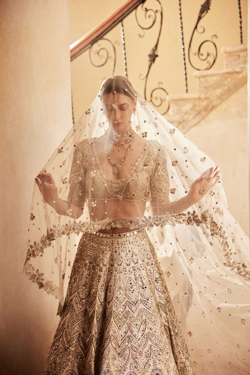 CHAMPAGNE RAWSILK MIRROR LEHENGA SET