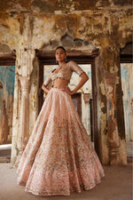 PEACH NET SELF AND MULTI COLOUR EMBROIDERED LEHENGA SET