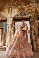 PEACH NET SELF AND MULTI COLOUR EMBROIDERED LEHENGA SET