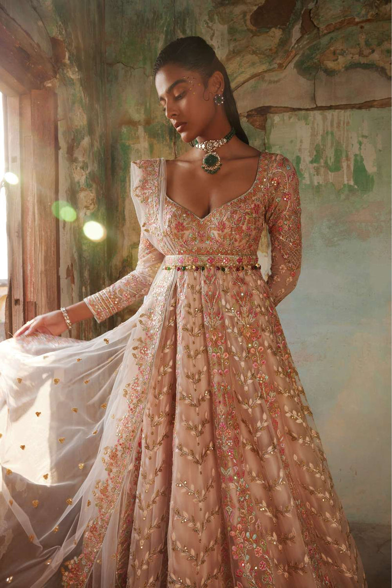 PEACH NET FLOOR LENGTH ANARKALI SET