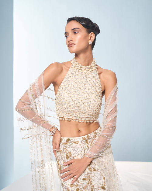 Ivory Georgette Fit And Flare Lehenga Set