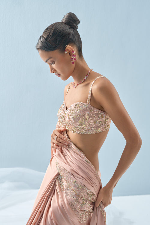 Nude Pink Satin Saree Set