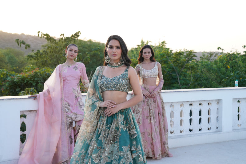 Grey Organza Floral Lehenga Set