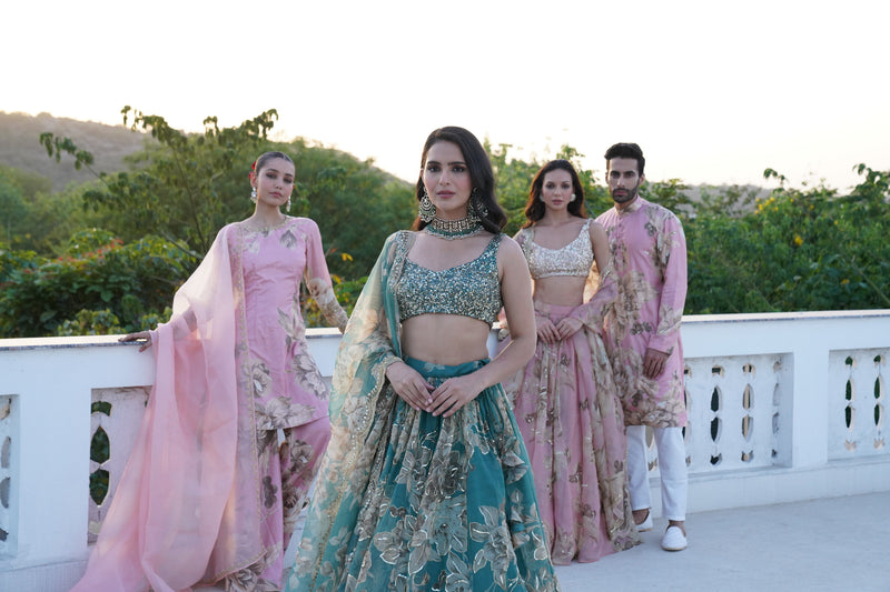 Grey Organza Floral Lehenga Set