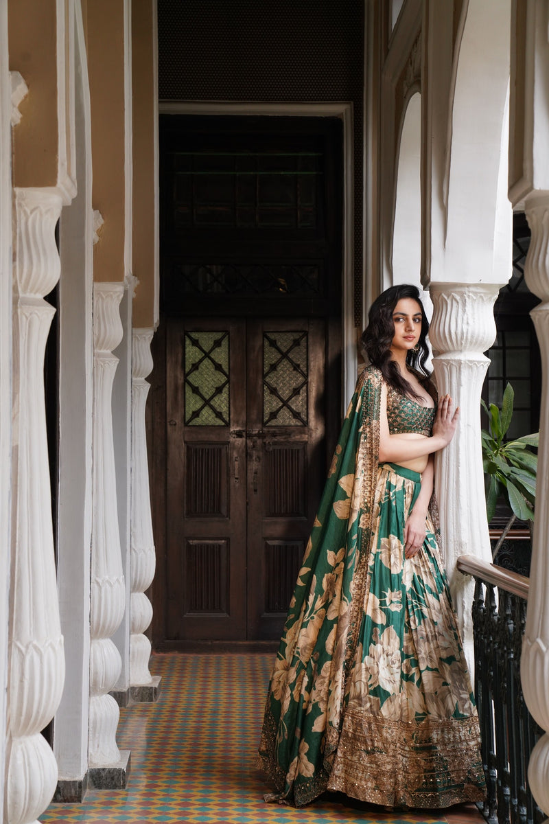 Bottle Green Floral Lehenga Set