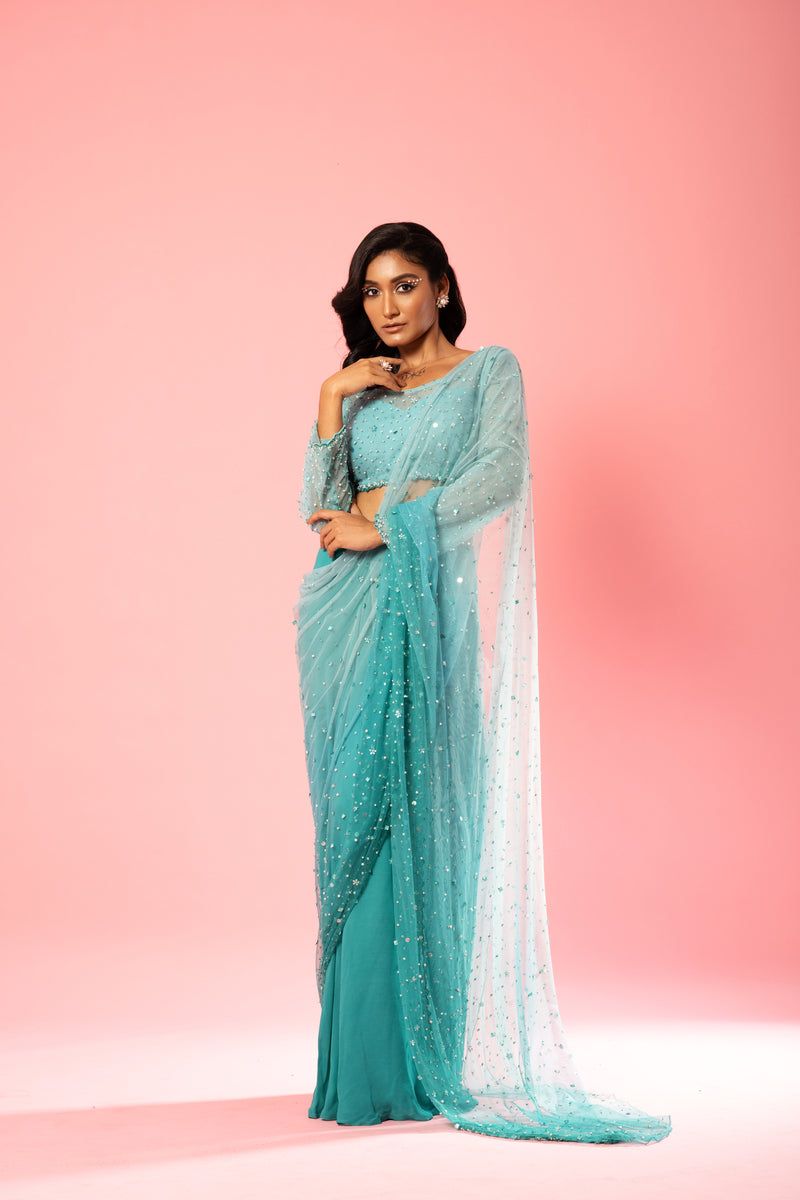 Teal and powder blue ombre hand-embroidered saree