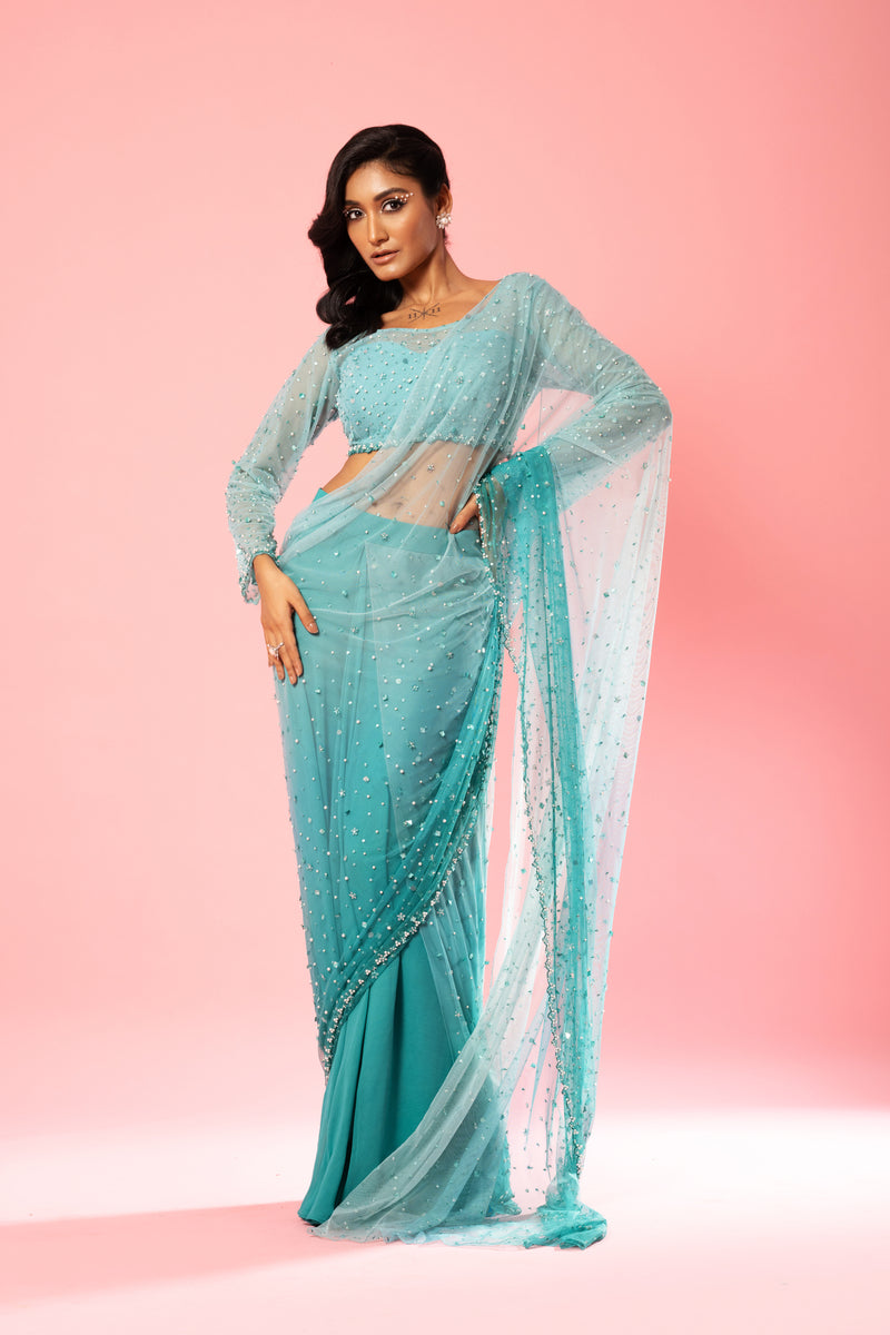 Teal and powder blue ombre hand-embroidered saree