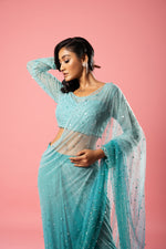 Teal and powder blue ombre hand-embroidered saree