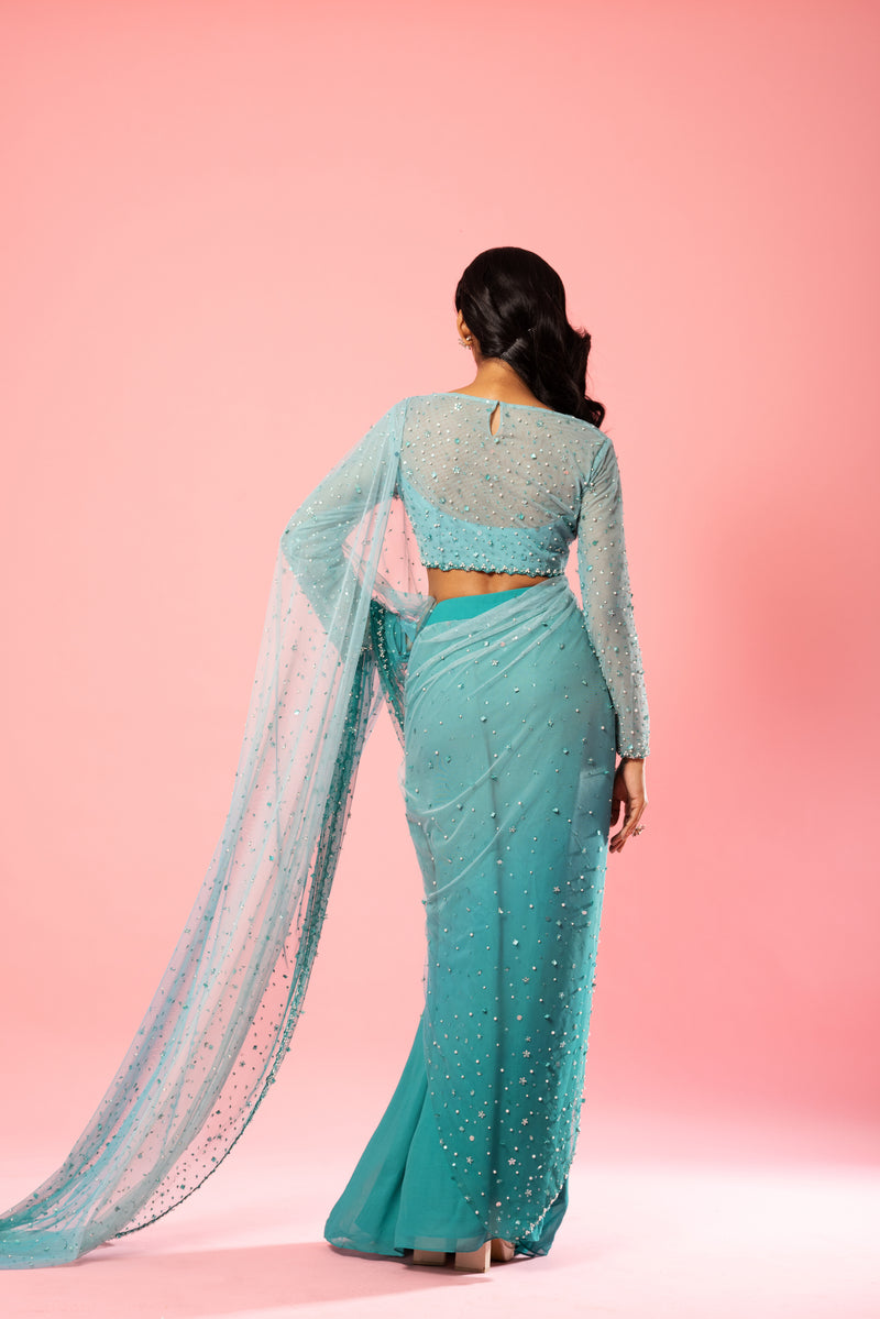 Teal and powder blue ombre hand-embroidered saree