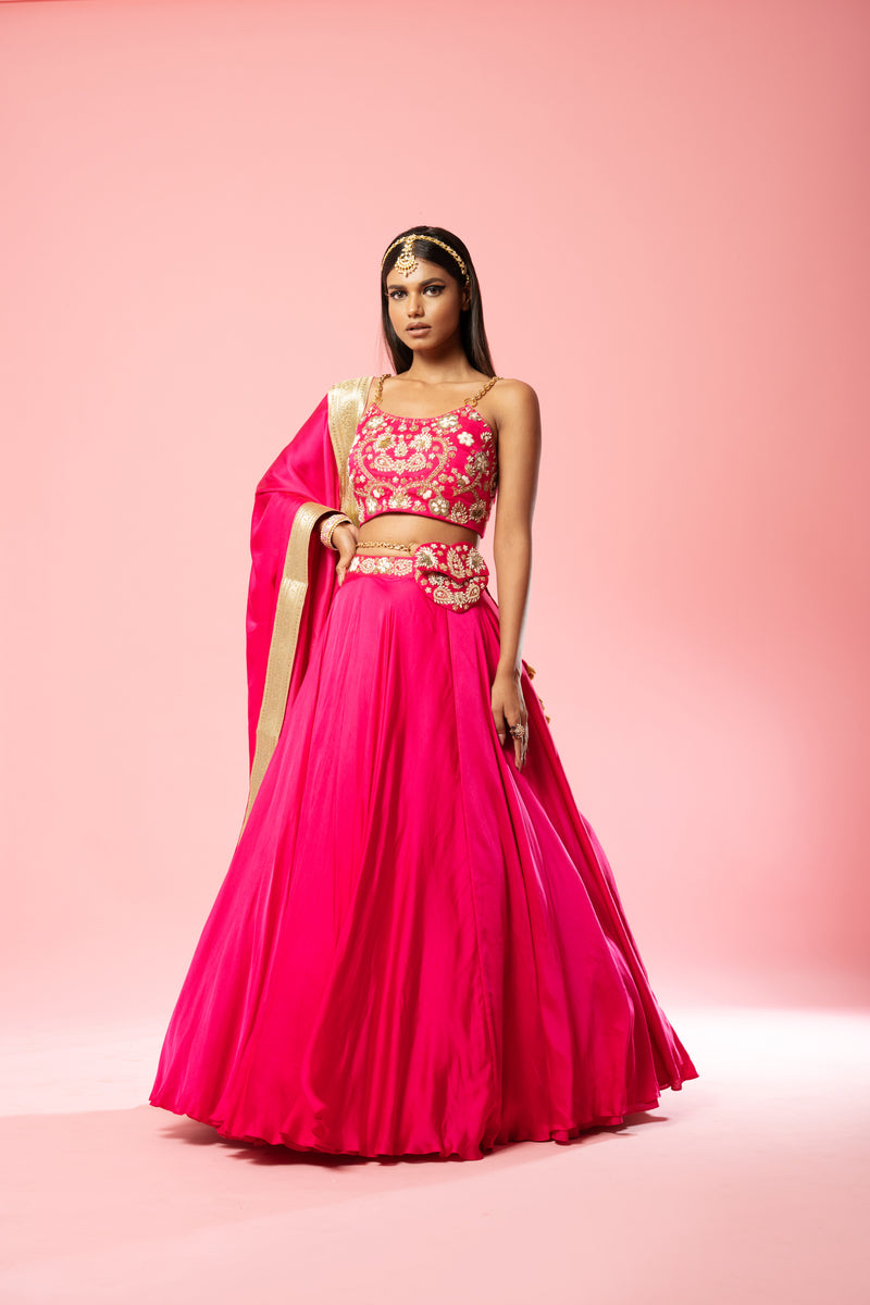 Hot pink hand embroidered lehenga set