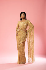 Golden  hand-embroidered saree set