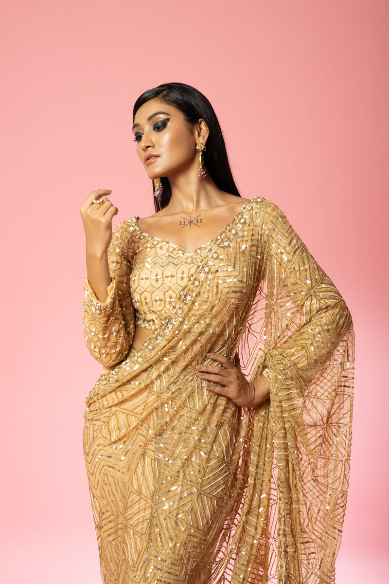 Golden  hand-embroidered saree set