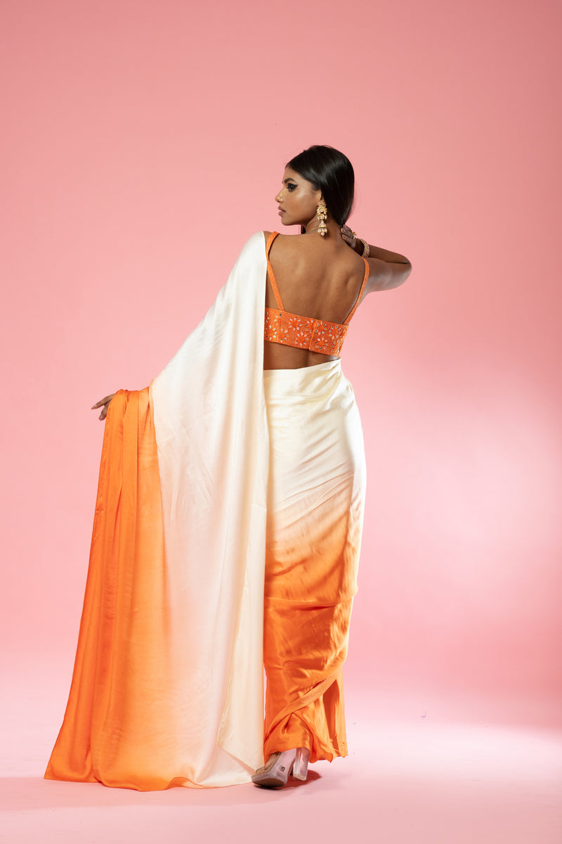 Ivory and orange ombre saree set