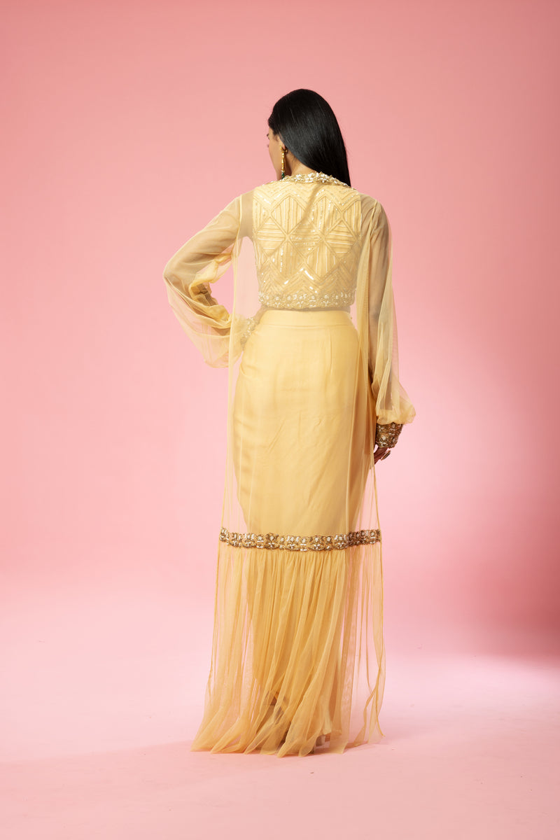 Golden hand-embroidered dhoti set