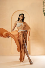 Golden embroidered pre-stitched drape corset saree