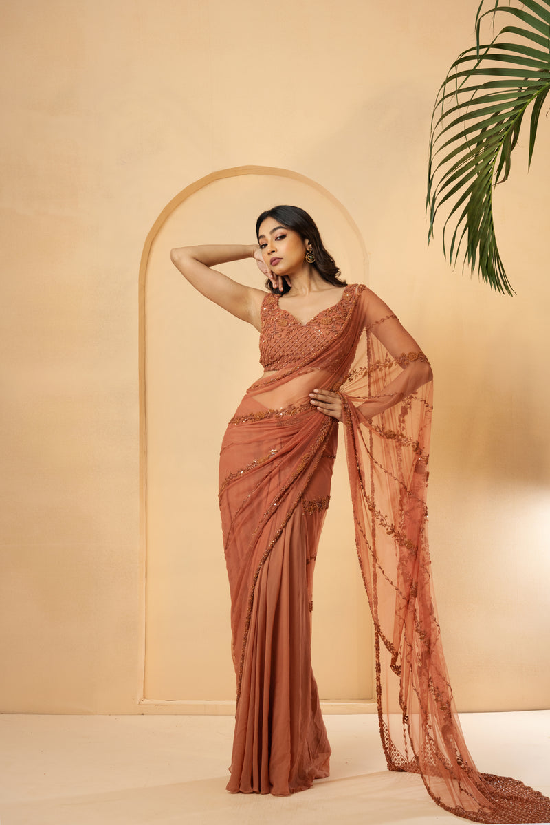 Dust pink embroidered pre-stitched drape saree