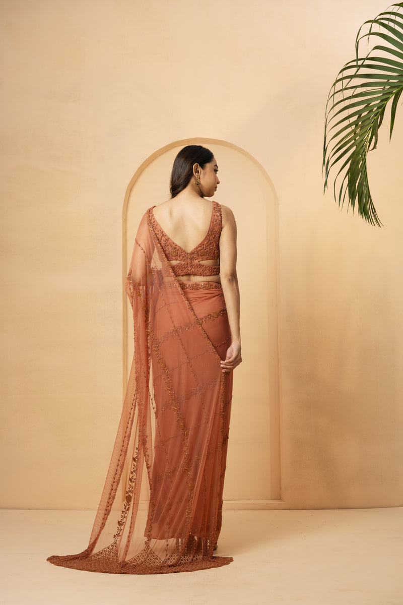 Dust pink embroidered pre-stitched drape saree