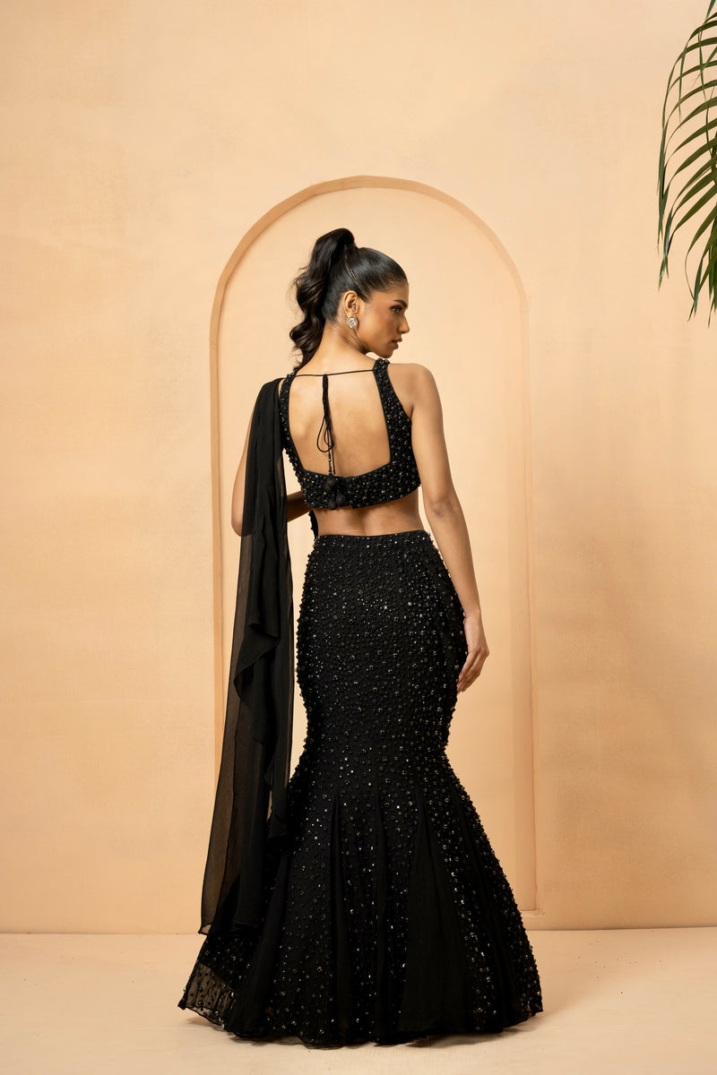 Black embroidered fishtil lehenga with drape dupatta