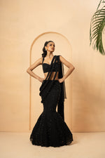 Black embroidered fishtail lehenga with drape twisted dupatta