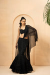 Black embroidered fishtil lehenga with drape dupatta