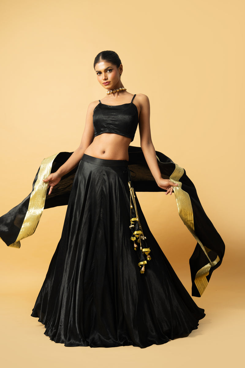 Black modal satin lehenga