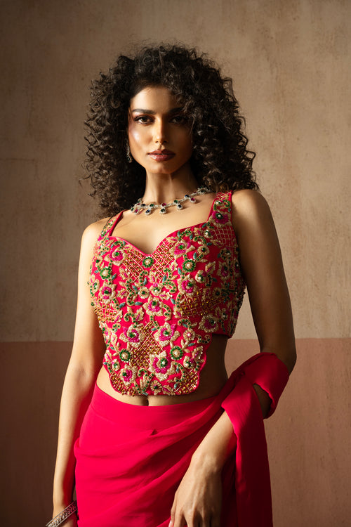 Fuschia Pink Embroidered Georgette Saree With Corset Blouse