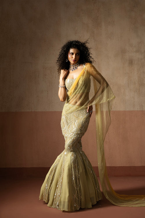 Sage Green Pastel Yellow Hand Embroidered Saree