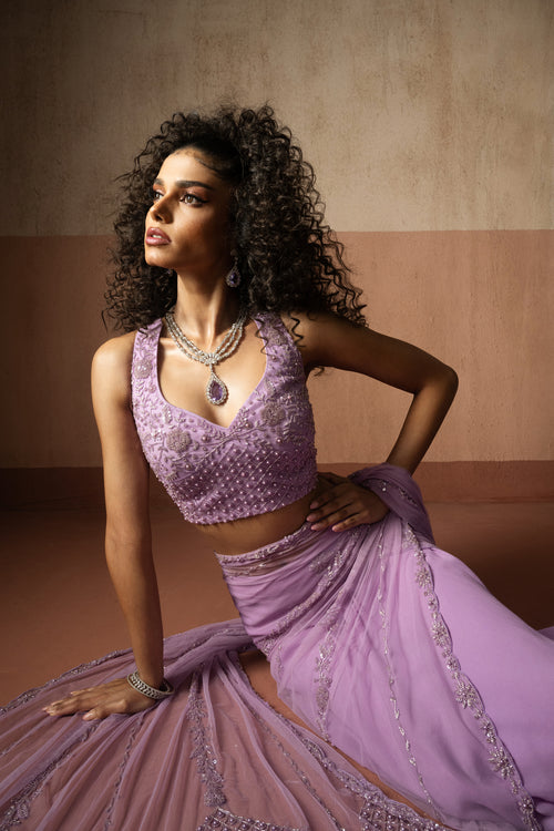 Lavender Hand Embroidered Net & Georgette Saree