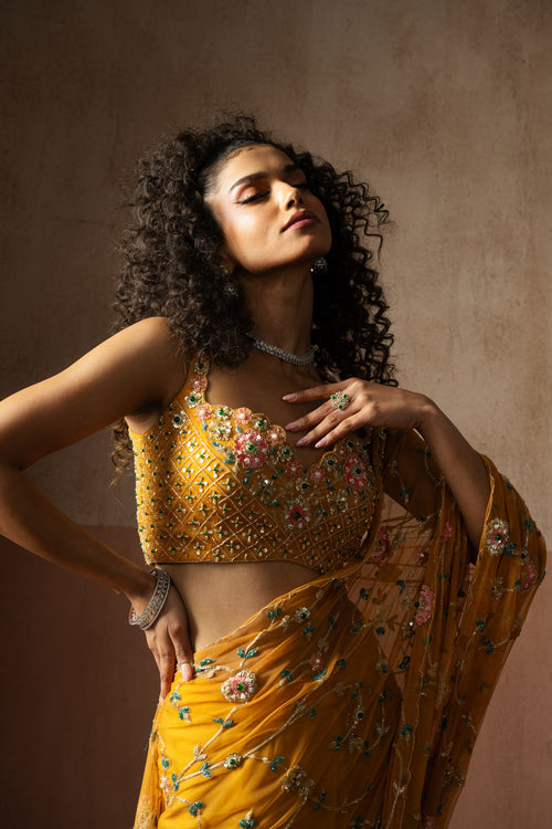 Mustard Yellow Hand Embroidered Net & Georgette Saree
