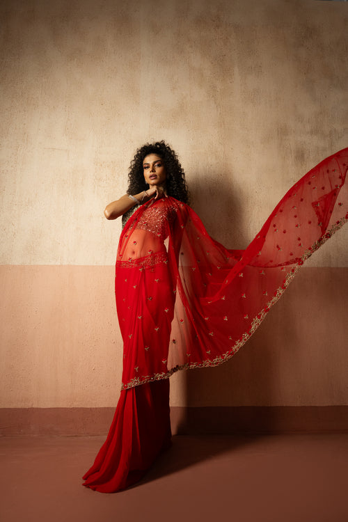 Red Hand Embroidered Net &amp; Georgette Saree with Golden Blouse&nbsp;