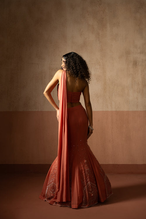 Peach Coloured Hand Embroidered Georgette Fishtail Saree